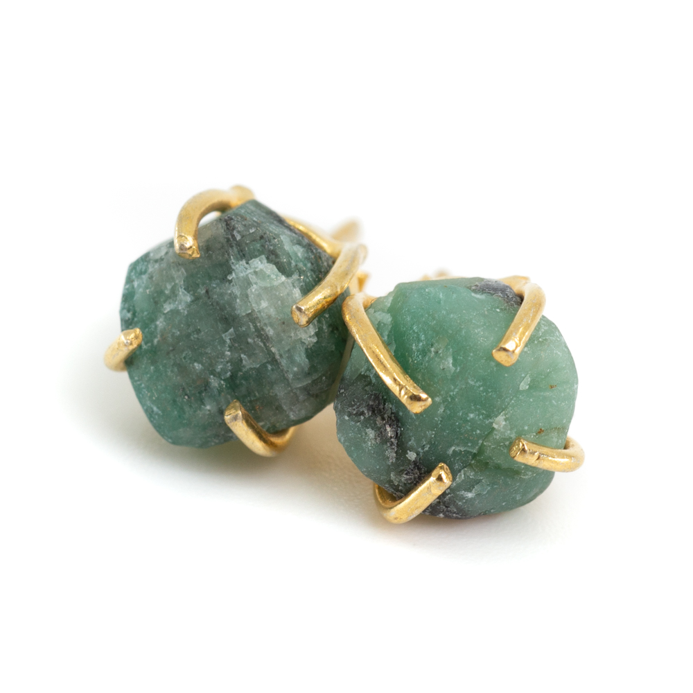 Gemstone Stud Earrings Raw Emerald - 925 Silver - Gold Plated