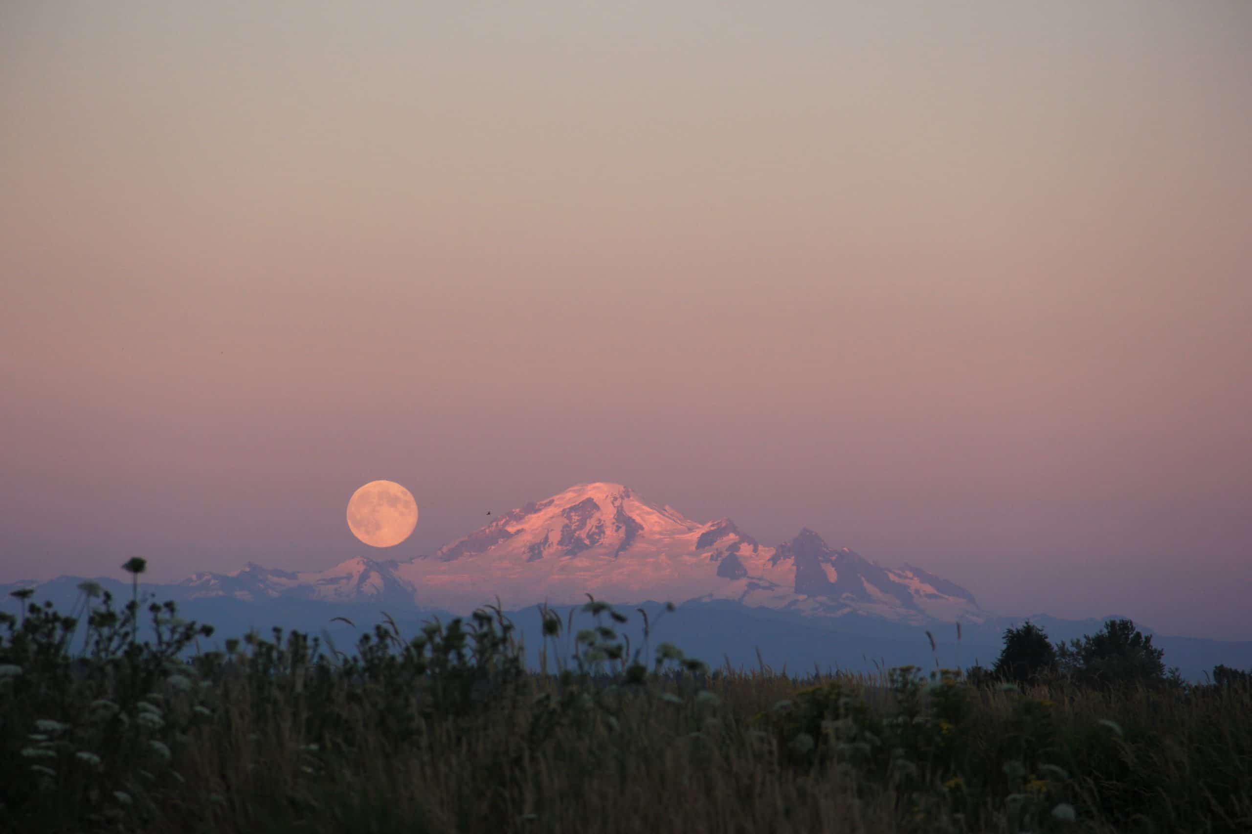 pink spring moon by mountain landscape full moon