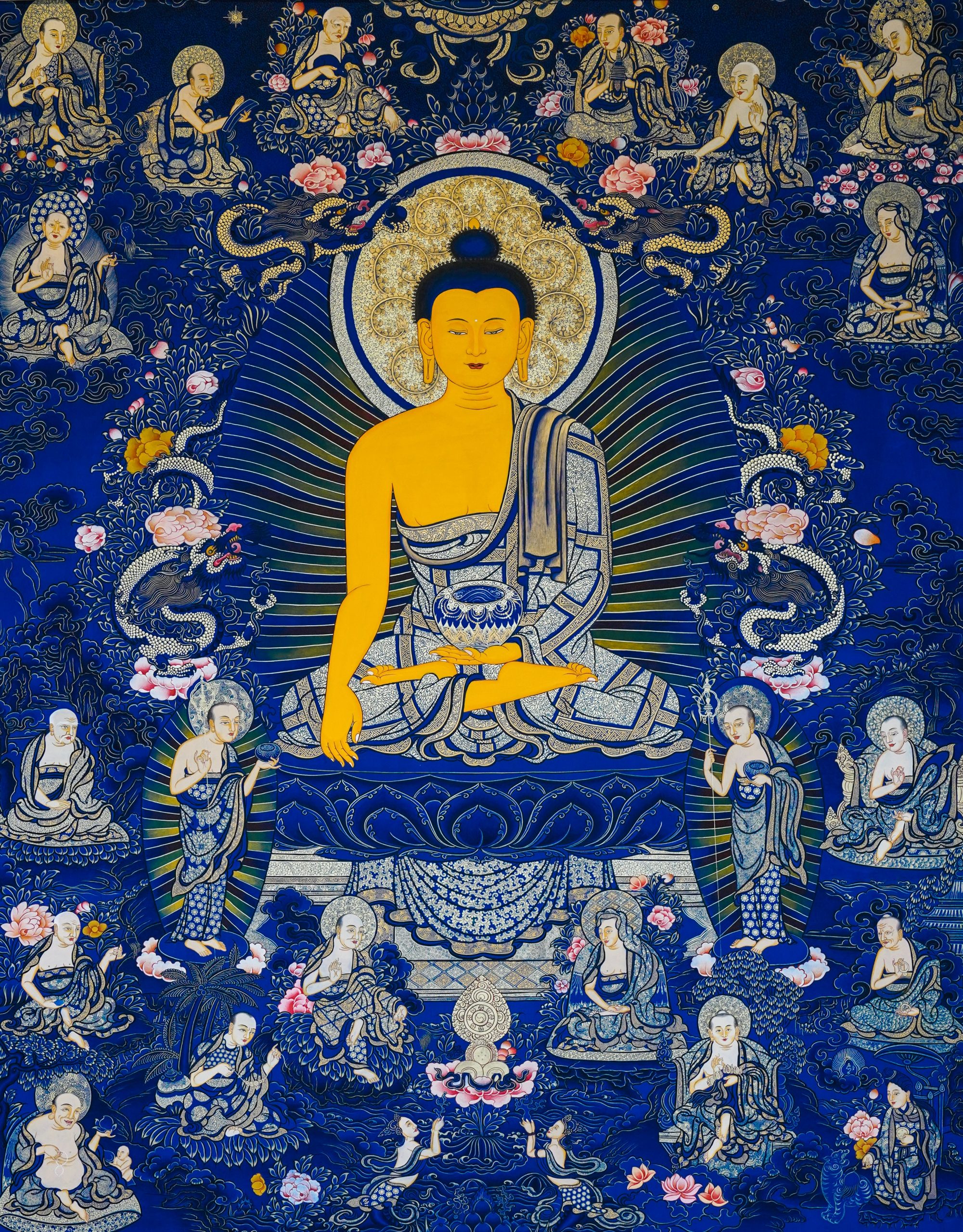 buddha cloth painting blue yellow